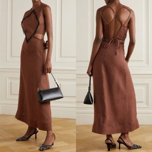 Ganni Dresses & Skirts - Ganni Bead Embellished Hemp Cut Out Root Beer Brown Midi Dress Size L